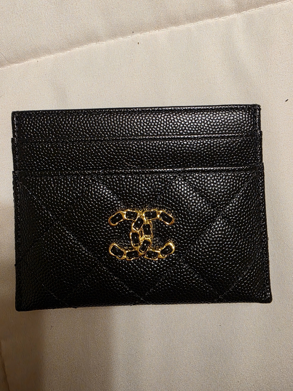 CHANEL Black Quilted Caviar Leather Card Case with Gold CC Emblem